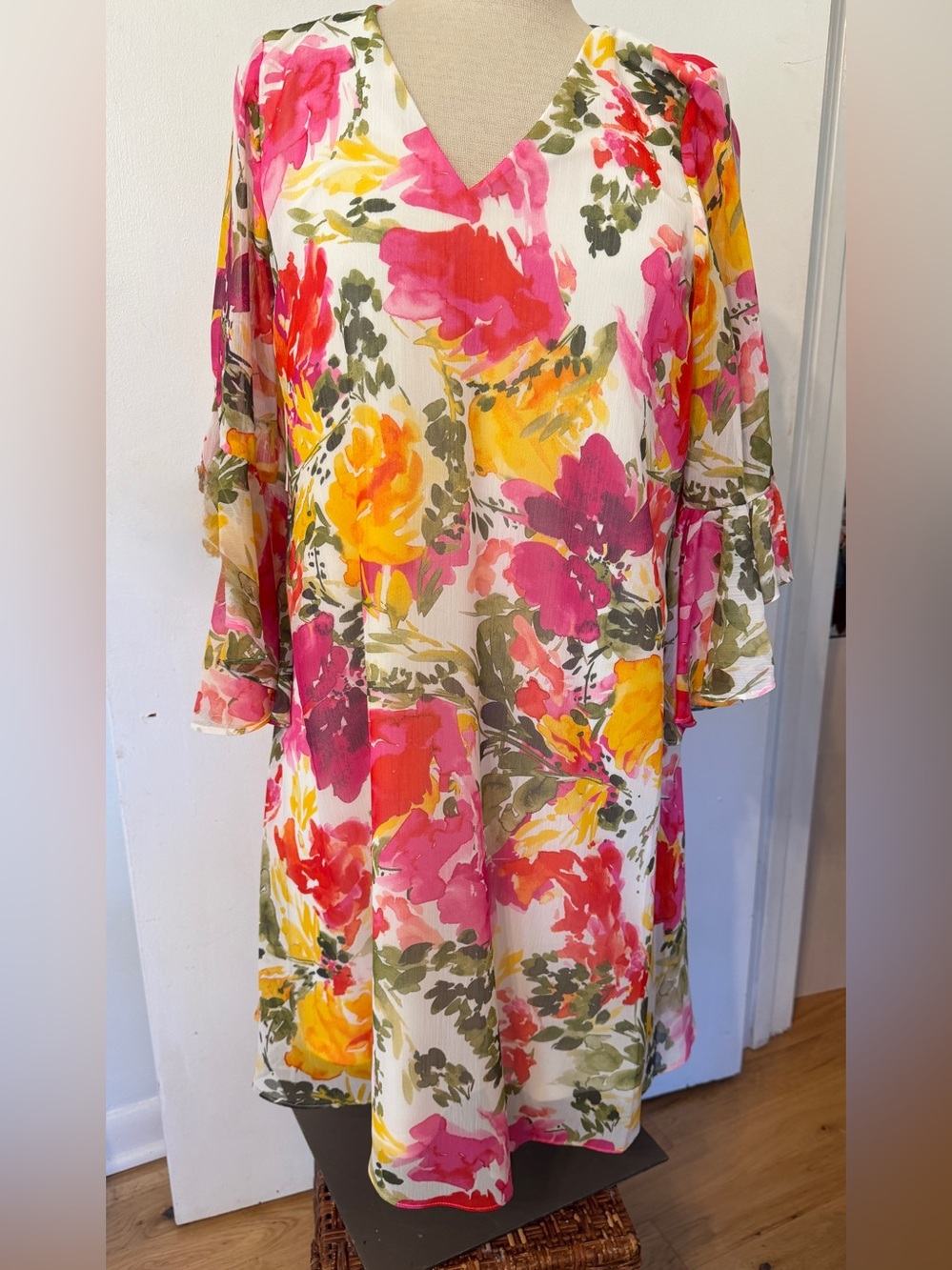 Calvin Klein Floral Shift Dress w/Tiered Flare Sleeves, Vibrant Botanical Print